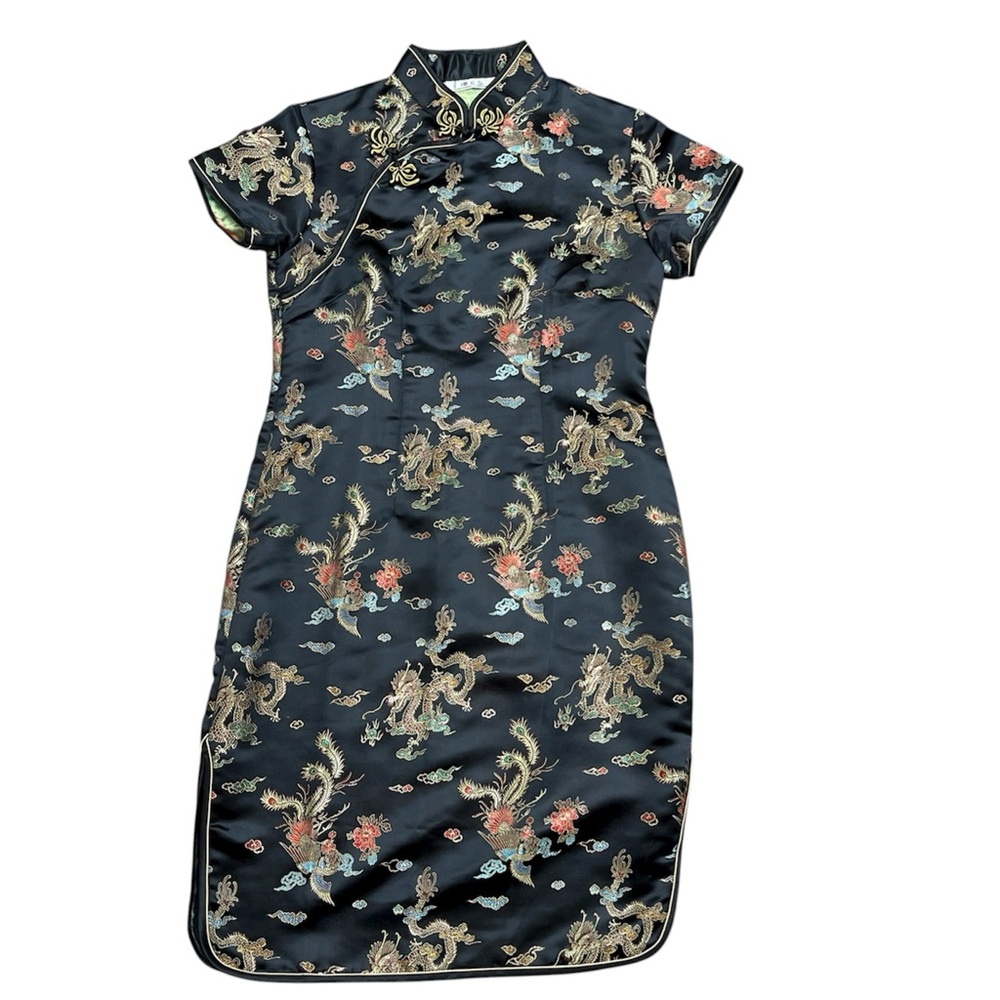 Vintage Y2K SMK Satin Cheongsam Traditional Chinese Dress No Sz Tag Black Gold